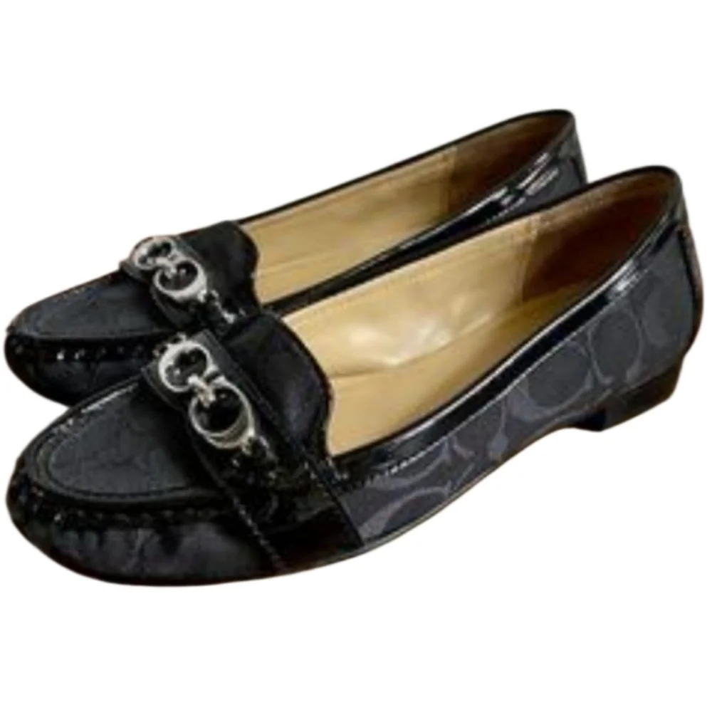 COACH Enrica Jacquard Patent Logo Flats Loafers Shoes EUC